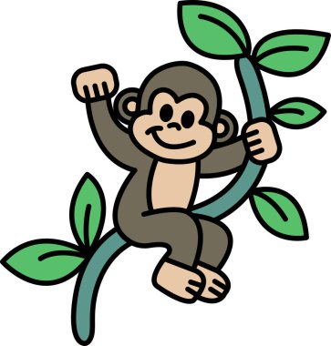 Bir çizgi film maymunu bir dalın üzerinde oturuyor. Maymun gülümsüyor ve mutlu. Görüntünün neşeli ve neşeli bir havası var.