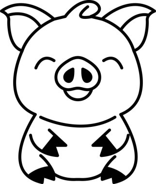 Yüzünde bir gülümsemeyle beyaz bir arka planda oturan bir domuz. Domuz mutlu ve memnun.