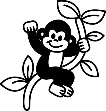 Bir dalda oturan gülümseyen bir maymunun siyah beyaz çizimi. Maymun dala tutunuyor ve keyfine bakıyor.