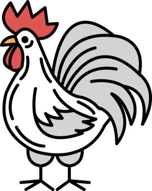 Kırmızı gagalı ve beyaz vücutlu bir horoz. Horoz iki ayağının üzerinde duruyor ve beyaz bir kafası var.