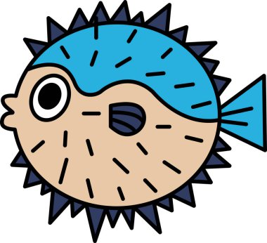 Mavi ve turuncu gövdeli ve mavi başlı bir çizgi film balığı. Balığın yüzünde kocaman bir gülümseme var.