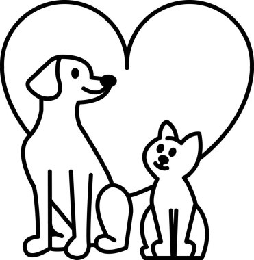 Kalbinde oturan kedi ve köpeğin siyah beyaz çizimi. Köpek kameraya bakıyor ve kedi başka tarafa bakıyor.