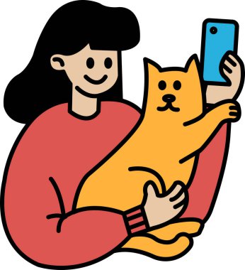 Bir kadın bir kediyi tutuyor ve telefonuyla fotoğrafını çekiyor. Kedi turuncu ve mutlu.