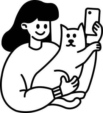 Bir kadın bir kediyi tutuyor ve telefonuyla fotoğrafını çekiyor. Kedi kameraya bakıyor ve o meraklı. Kadın gülümsüyor ve anın tadını çıkarıyor gibi görünüyor.