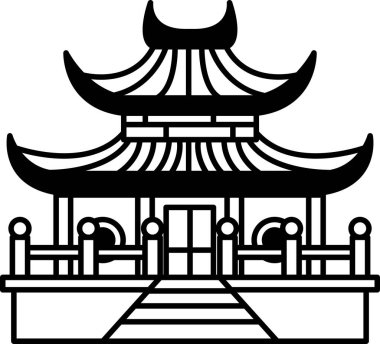 Kırmızı çatılı bir Çin tapınağının siyah beyaz çizimi. Tapınak beyaz bir çitle çevrili.