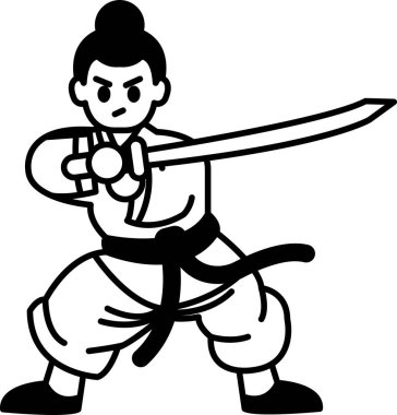 Elinde kılıç tutan karate üniformalı bir adamın siyah beyaz çizimi. Adamın yüzünde ciddi bir ifade var ve dövüş sanatları pozu veriyor.
