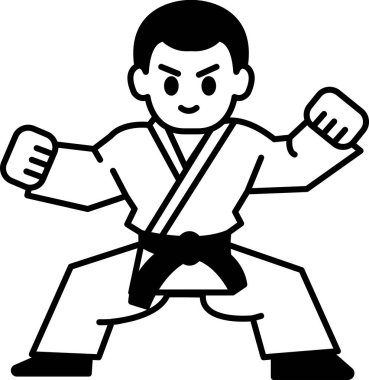 Siyah kuşağı ve siyah kuşağı olan beyaz üniformalı bir adamın karikatürü. Ellerini havaya kaldırıyor ve suratında kaşlar çatık.