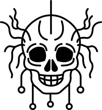 Üzerinde gülümseme olan bir kafatası. Kafatası bir kablo ağıyla çevrilidir ve siyah-beyaz renk şemasına sahiptir.