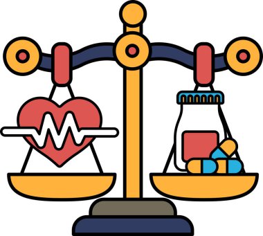 Bir tarafında kalp, diğer tarafında hap olan bir tartı. Ölçek dengeli, ama kalp haplardan daha küçük. Sağlık ve refah kavramı, kalp sağlıklı bir yaşam tarzını temsil eder.