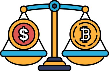 Bir tarafında dolar işareti, diğer tarafında bitcoin sembolü olan bir tartı. Ölçek dengeli, ama dolar işareti bitcoin sembolünden daha ağır.