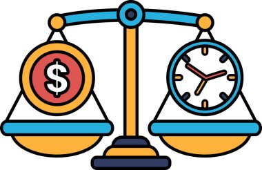 Bir tarafında dolar işareti, diğer tarafında saat olan bir tartı. Dolar işareti parayı temsil ediyor.