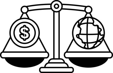 Bir tarafında dolar işareti, diğer tarafında küre olan bir terazinin siyah beyaz çizimi.