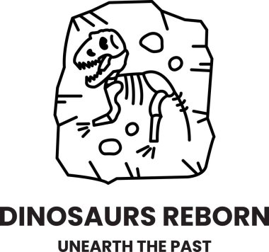 Bir kayanın içinde işaret çizimleri tarzında sözcüklerle bir dinozor gösterilir.