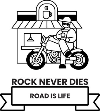 Bir adam bir kahve dükkanının önünde motosiklet üzerinde oturuyor. Tabela çizimleri tarzında.