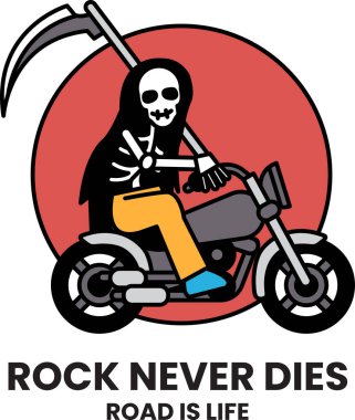 Motosiklet süren bir iskelet işaret çizimleri tarzında kelimeler kullanıyor.