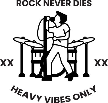 Bir adam davul çalıyor ve işaret çizimleri tarzında bir mikrofonla şarkı söylüyor.