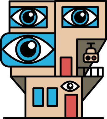 Üzerinde iki göz olan bir evin karikatürü.