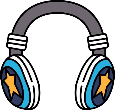 Üzerinde yıldızlar olan bir çift kulaklık çizimi. Kulaklıklar mavi ve beyaz.