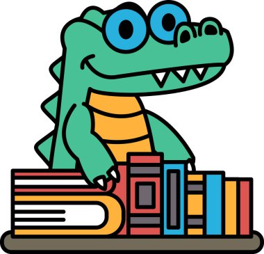 Çizgi film timsahı bir yığın kitabın üzerinde oturuyor.