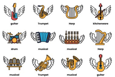 A Set of winged musical instruments illustrations in line art style clipart