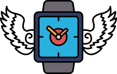 Mavi yüzlü bir saat ve her iki tarafında kanatları olan kırmızı eller. Saat 10: 30 'a ayarlandı.