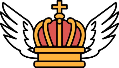 Üzerinde haç ve iki tarafında kanat olan bir taç. Taç altın ve kırmızıdır.