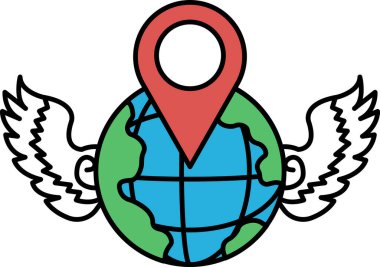 Üzerinde kırmızı iğne olan bir küre çizimi. Küre kanatlarla çevrilidir ve kanatlar dünyanın üzerinde konumlandırılmıştır. Keşif ve macera kavramı