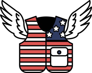 Üzerinde kırmızı, beyaz ve mavi çizgili ve kanatları olan bir yelek. Kanatlar yeleğin sol tarafında ve yıldızlar da sağ tarafta.