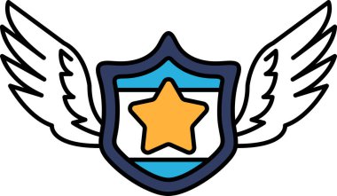 Üzerinde yıldız ve kanatlar olan bir kalkan. Kalkan mavi ve beyazdır.