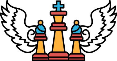 Üstünde kanatlı haç ve altında iki parça olan bir satranç tahtası. Satranç tahtası kanatlı haç gibi görünmesi için tasarlanmıştır.