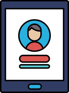 Üzerinde bir adamın yüzü olan bir tablet. Tablet mavi ve beyaz. Adamın yüzü çizgi film tarzında çizilmiş.