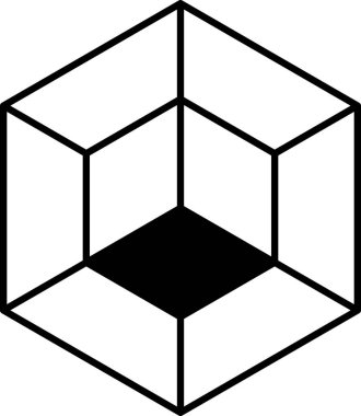 Ortasında siyah nokta olan siyah-beyaz bir küp resmi. Küp kareler ve üçgenlerden oluşur ve geometrik bir şekildir. İmajın minimalist ve modern bir havası var.