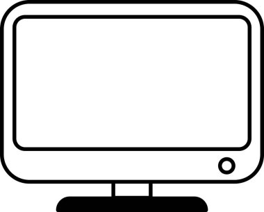 Bir bilgisayar monitörü siyah beyaz çizimde gösterilir. Monitör dikdörtgen şeklinde ve siyah bir duruşu var. Teknoloji ve modernlik kavramı