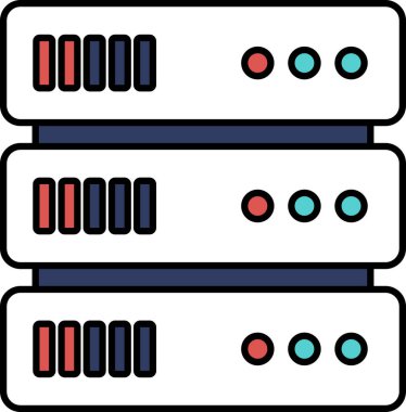 Kırmızı ve mavi düğmeli beyaz bir sunucu. Sunucu üç kat yukarıda.