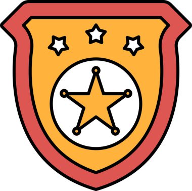 Üzerinde yıldız ve üç yıldız olan bir rozet. Rozet turuncu ve beyaz. Bir polis memurunun rozeti.