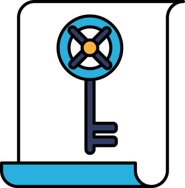 Bir kağıt parçasında bir anahtar gösterilir. Anahtar mavi ve sarı. Kağıt beyaz.