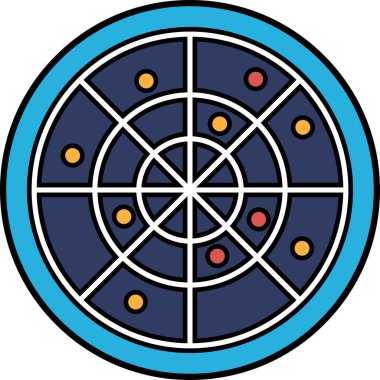 Beyaz kenarlı ve siyah çizgili mavi-beyaz bir daire. Daire, bazıları kırmızı olmak üzere birçok küçük çemberle doludur. Çemberler bir hedefi andıran bir şekilde sıralanmış.