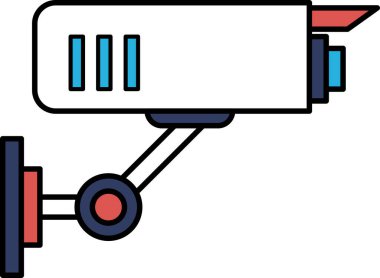 Kırmızı ve mavi çerçeveli bir güvenlik kamerası çizimi. Kamera bir duvarda ve kırmızı ve mavi bir tekerleği var.