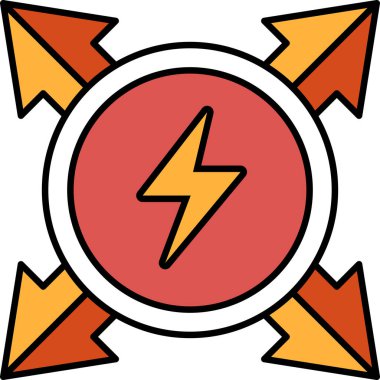 Ortasında yıldırım olan kırmızı bir daire. Çember farklı yönleri gösteren dört okla çevrilidir. Enerji ve güç kavramının yanı sıra kaos ve karmaşa hissi.