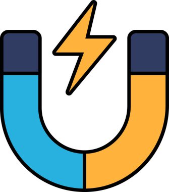 Üzerinde yıldırım olan bir mıknatıs. Mıknatıs mavi ve sarıdır. Mıknatıs bir cazibe sembolüdür.