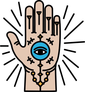 Ortasında mavi göz olan bir el. El bir nokta çemberiyle çevrilidir.