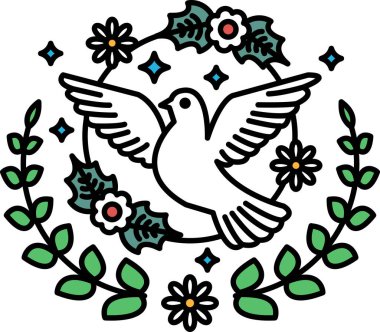 Beyaz bir güvercin çiçekler ve yapraklarla çevrilidir. Barış ve sükunet kavramı
