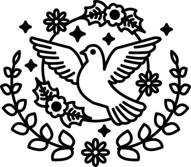 Beyaz bir güvercin çiçekler ve yapraklarla çevrilidir.