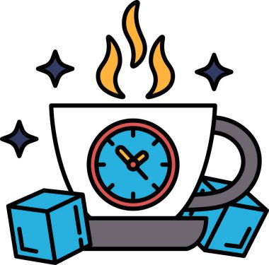 Üzerinde saat olan bir fincan ve altında buz küpleri. Saat 10: 30 'u gösteriyor.