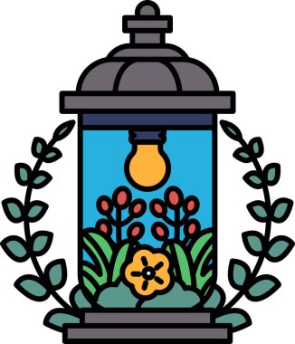 İçinde ampul ve üstünde çiçek olan bir lamba. Çiçek yapraklarla çevrili ve lamba mavi bir kabın içinde.