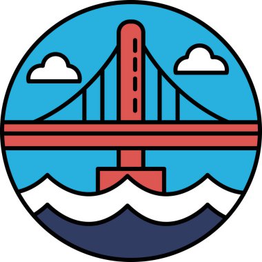 Mavi ve kırmızı bir köprü bir su kütlesini kapsar. Köprü San Francisco 'da yer almaktadır. Köprü, şehrin su ile olan bağlantısının bir sembolü.