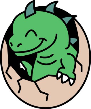 Yüzünde gülümseme olan yeşil bir dinozor çizimi. Dinozor yumurtluyor.