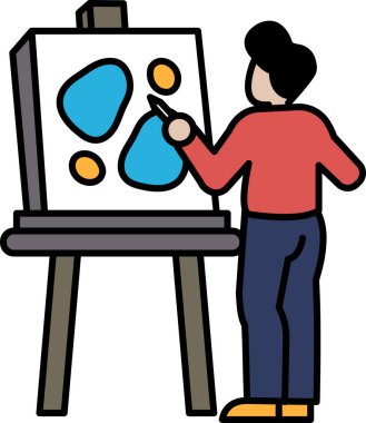 Bir adam tuvale resim çiziyor. Renkli ve soyut bir sanat eseri yaratmak için bir fırça kullanıyor. Resim farklı şekil ve renklerle dolu.