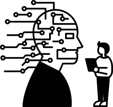 Bir adam, içinden bir sürü kablo çıkan bir kafanın yanında duruyor.