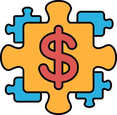 Ortasında dolar işareti olan bir yapboz parçası. Dolar işareti kırmızı ve sarı. Yapboz parçası mavi ve turuncu.